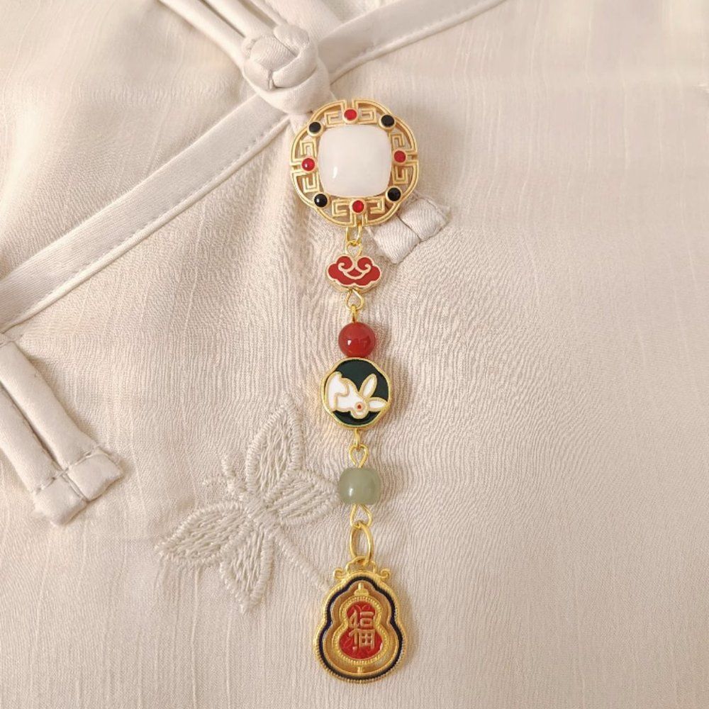 Blessings Jade Rabbit Brooch Pin | Retro Handmade Traditional Lapel Pin #1287A - Picture 5 of 8